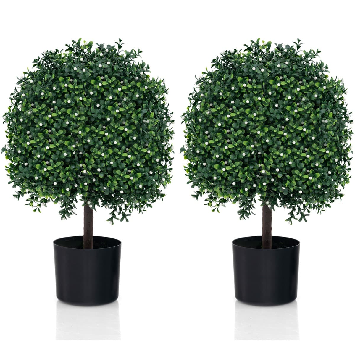 CostwayLot de 2 Arbres de Buis Artificiel Topiaire 55 cm avec 343 Fruits Blancs Fausses Plantes en Boule avec Feuilles Résistantes UV